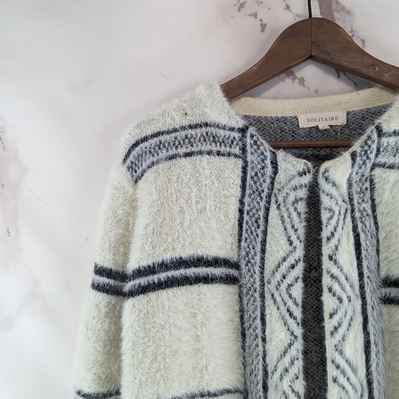 Anthropologie Solitaire Sweater Womens Small Blue Striped Cardigan Eyelash Long - Picture 3 of 14